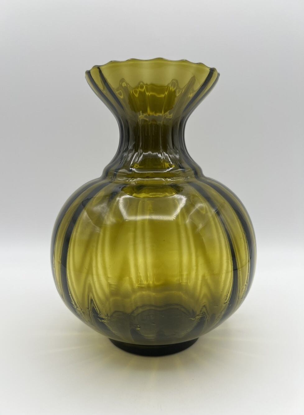 Empoli Avocado Green Ribbed Optic Glass Vase with Scalloped Rim 8” Made in Italy